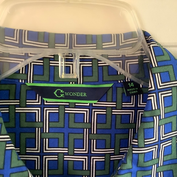 C. Wonder Midi Length Lattice Print Button Front Shirt Dress Blue/Green SZ 14 - Picture 6 of 16